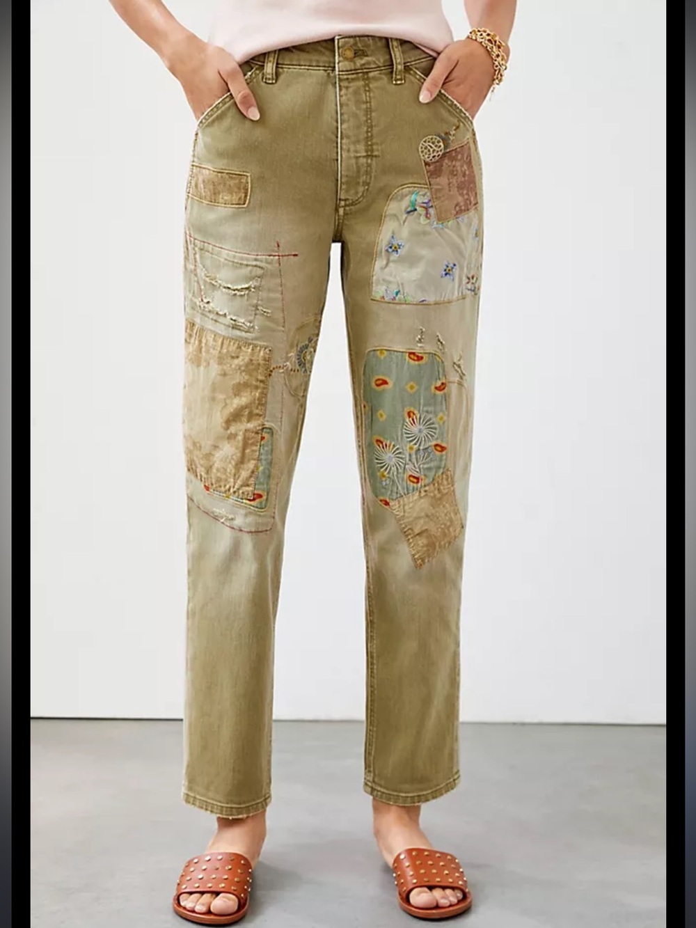 Pilcro Anthropologie The Wanderer Olive Patchwork Straight-Leg Jeans Size 32